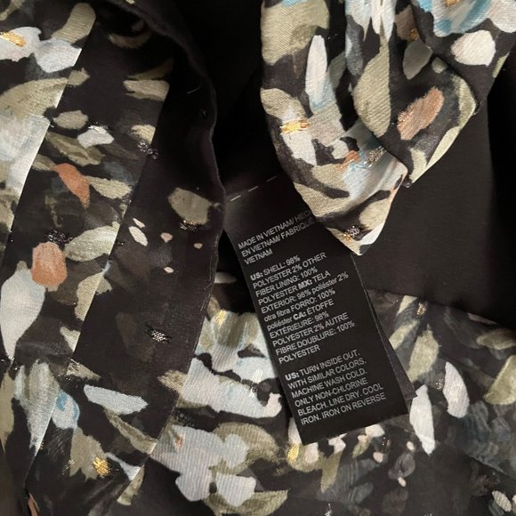WHBM Floral Metallic Sheer Print Blouse Sz 2 Balloon Sleeve V Lined Black/Blue - Picture 15 of 16